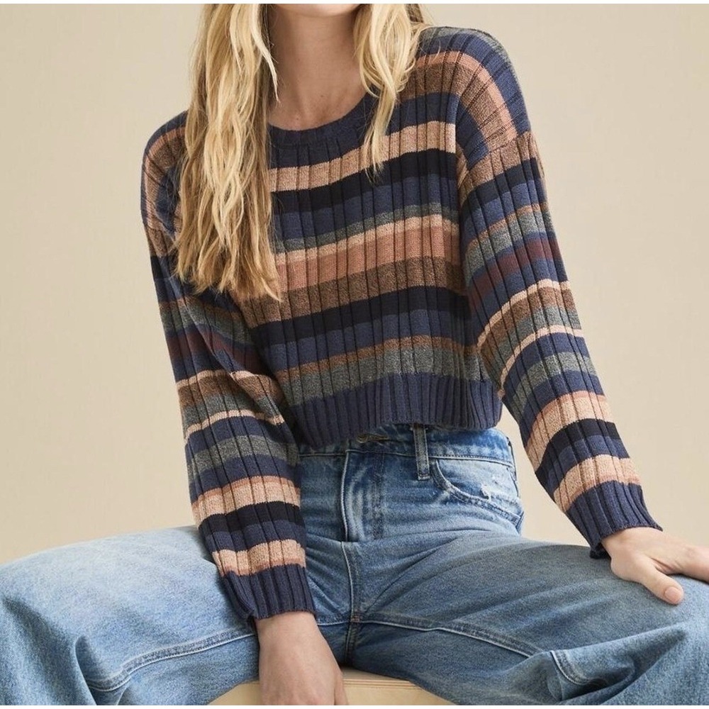 Altar'd State Carson Striped Crop Sweater XS Navy Earth Tone Ribbed Knit Boho